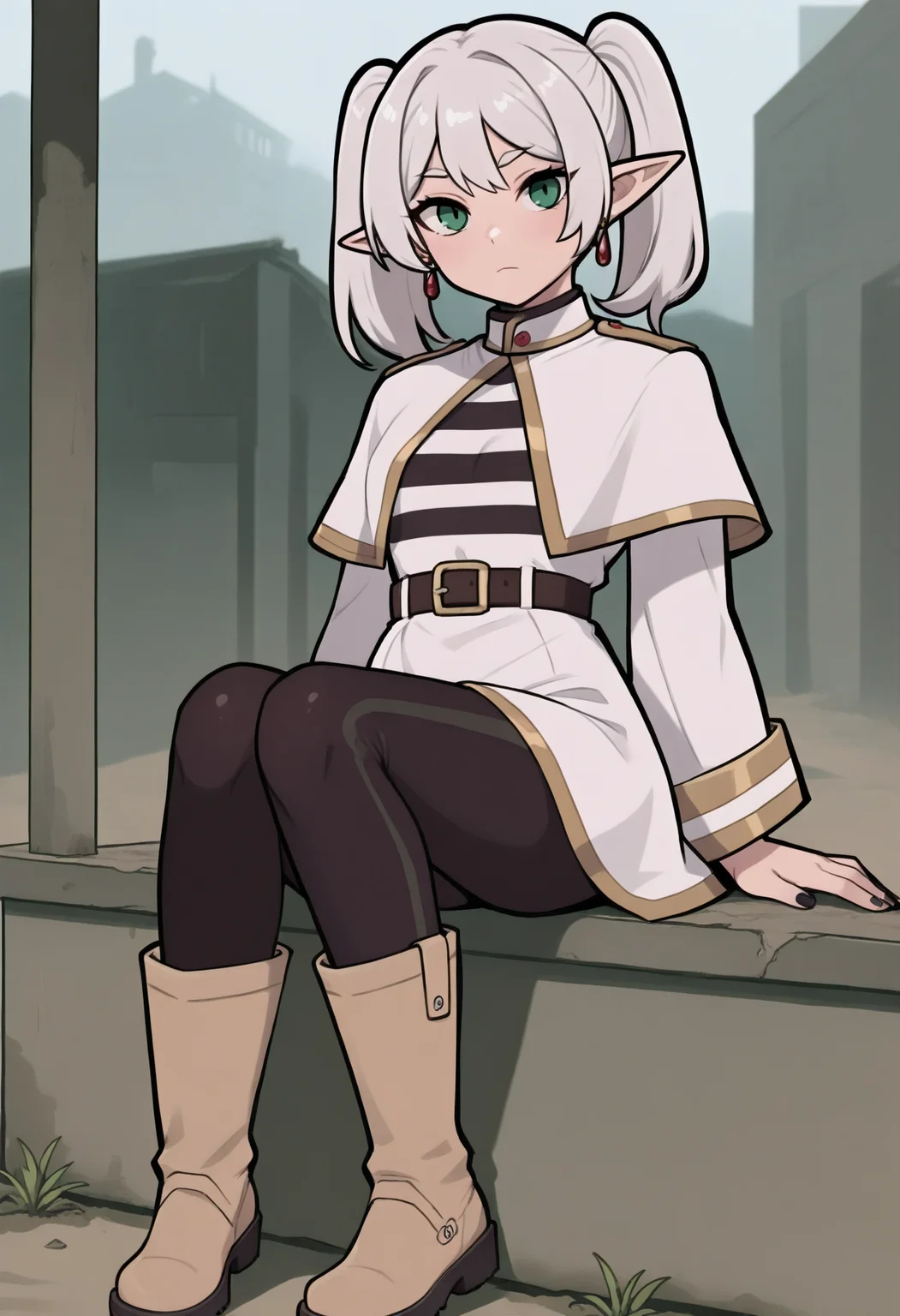  embedding:hda\HDA_MasterpieceXLclassic.safetensors , frid7dren, photo of a woman, white twintails, pointy ears, red earrings, white tunic with caplet and gold trim, white sleeves, striped undershirt, dark leggings, tan boots, black nails, sitting, A post-apocalyptic wasteland with crumbling buildings and scorched earth