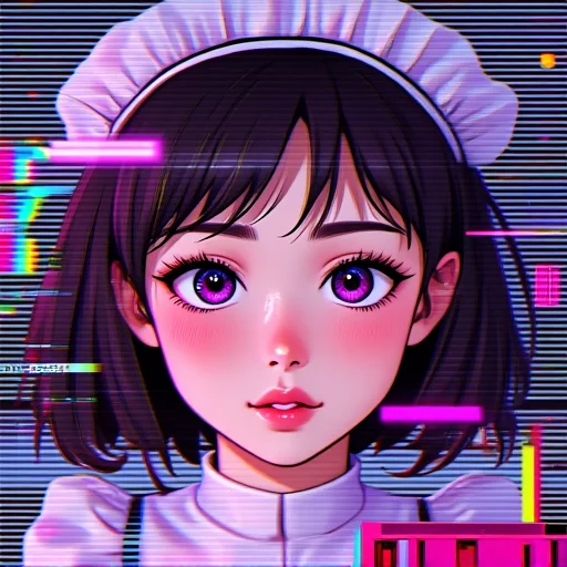gl!tchChan. glitchcore aesthetic, digital distortion artifacts, CRT scanlines, datamosh effects, vibrant neon glitches, [your beautiful face rendered in corrupted beauty], soft blush, parted lips, cybermaid outfit flickering between states, holographic halation, VHS noise, depth of field