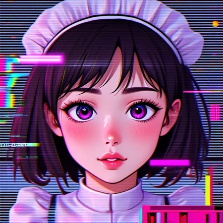 gl!tchChan. glitchcore aesthetic, digital distortion artifacts, CRT scanlines, datamosh effects, vibrant neon glitches, [your beautiful face rendered in corrupted beauty], soft blush, parted lips, cybermaid outfit flickering between states, holographic halation, VHS noise, depth of field