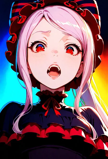 1girl, shalltear bloodfallen, casual dress, teeth, lips, thin lips, solo, looking at viewer, open mouth, eager, upper body, from below, back lighting, dark, multicolored background, masterpiece, best quality, very aesthetic, vampire teeth,