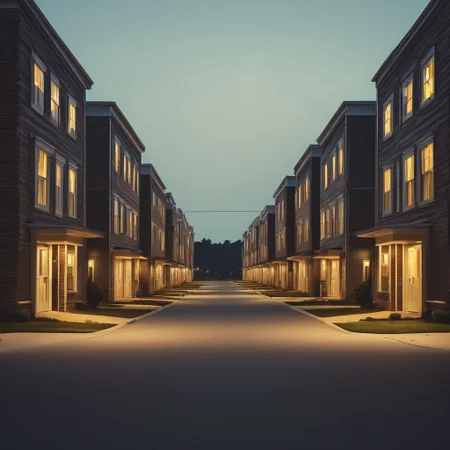 liminal, suburban,
4 story buildings, night, street lamp,
driveways, ticket booths, lineup,
3 houses,
architecture, no humans,
driveways, sidewalks, lamps, depth of field,