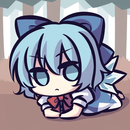 chibi,solo,1girl,cirno,touhou,blue hair,bow,short hair,hair bow,wings,blue eyes,blue bow,ice wings,ribbon,<lora:Kei_Style_noob-4:1>,