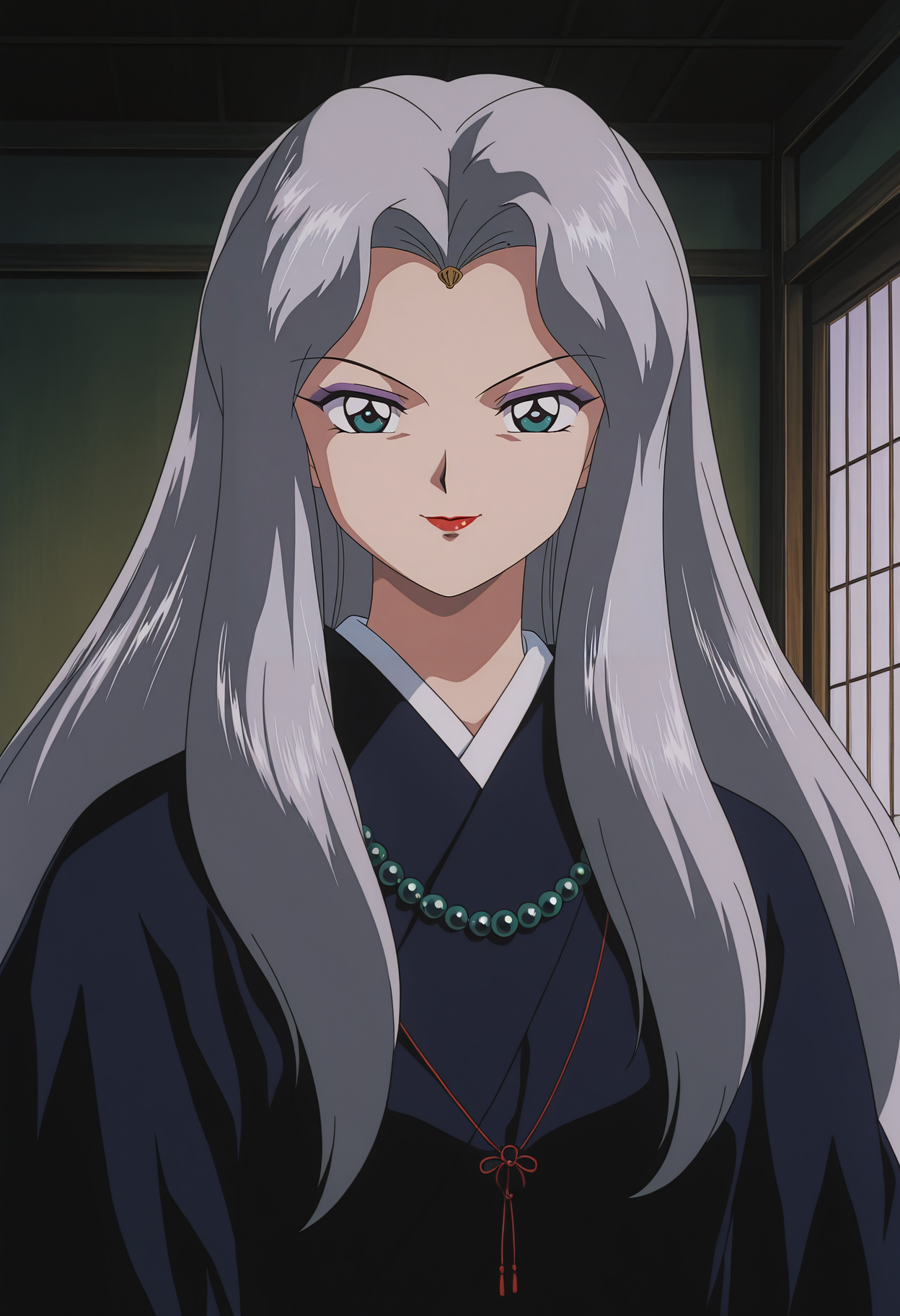 1girl,solo,mm,mature female,long hair, grey hair,makeup,lipstick,anime coloring,retro artstyle,
japanese clothes,necklace,beads,long sleeves,upper body, looking at viewer, smile,indoors
,masterpiece,best quality,amazing quality,<lora:Tsubaki-InuYasha:0.85>