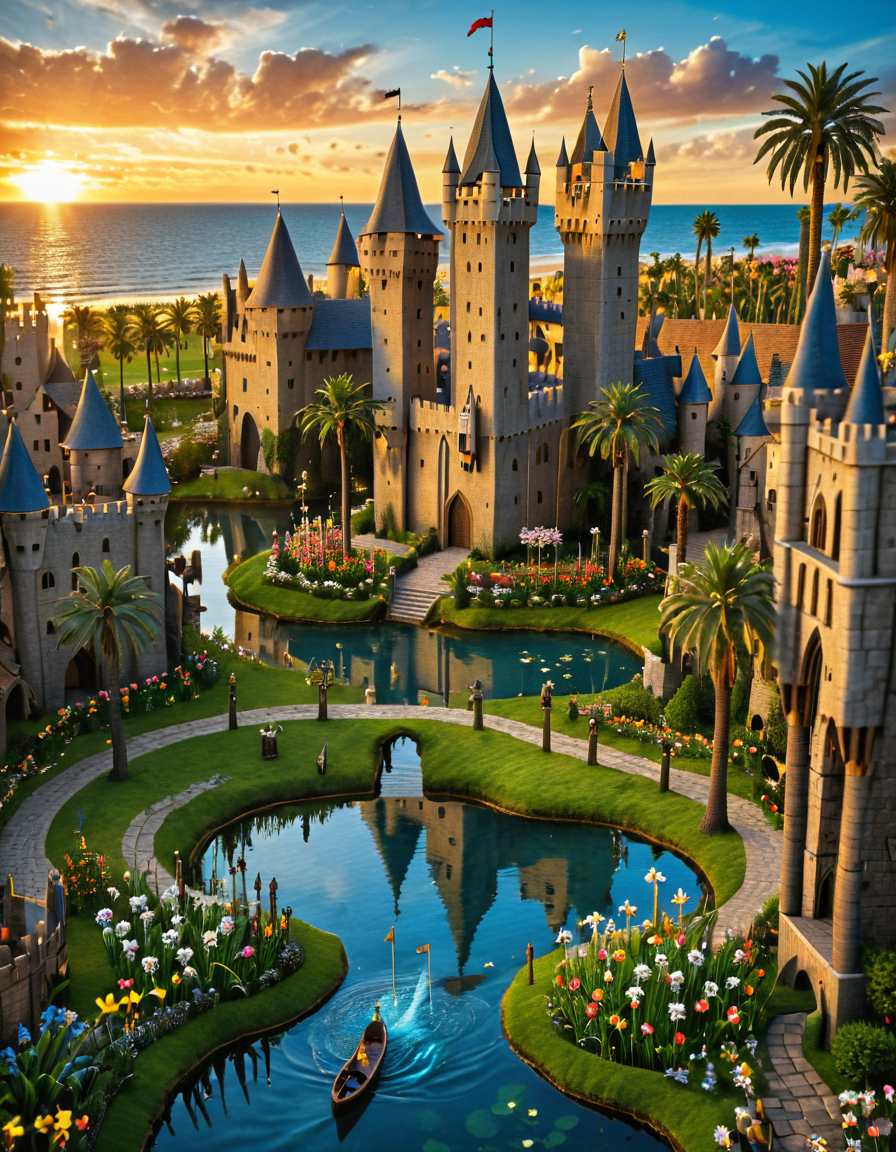 <lora:MW_Minis02xlc:1> m1md, medieval, epic, epic details, epic scale, absurdres, outdoors, medieval city, tiny knights, sky, towers, aerial view, trees, flowers, grass, garden, pond, sunset, blue sky, palm tree, seaside, beach, waves,