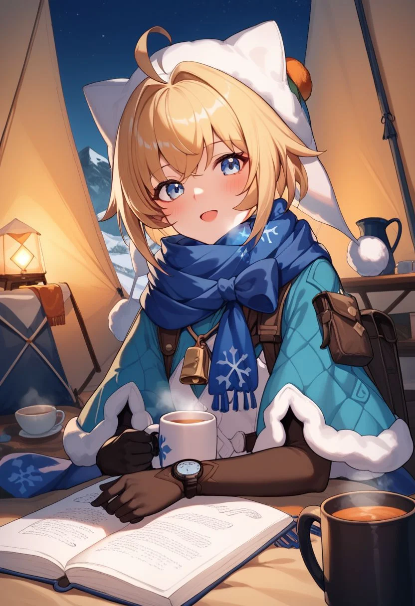 score_9, score_8_up, score_7_up, 1girl, smooth_anime, LynxLandau, solo, blonde hair, short hair, ahoge, blue eyes, fur-trimmed blue capelet, scarf, winter clothes, sweater, fur trim, white vest, blue pantyhose, wristwatch, black elbow gloves, long sleeves, hat, pendant, whistle, snowflake print, thigh_holster, mug with hot tea in hand, steam trail from mug, looking at viewer, tent, siting inside tent, tent background, snowy mountains.