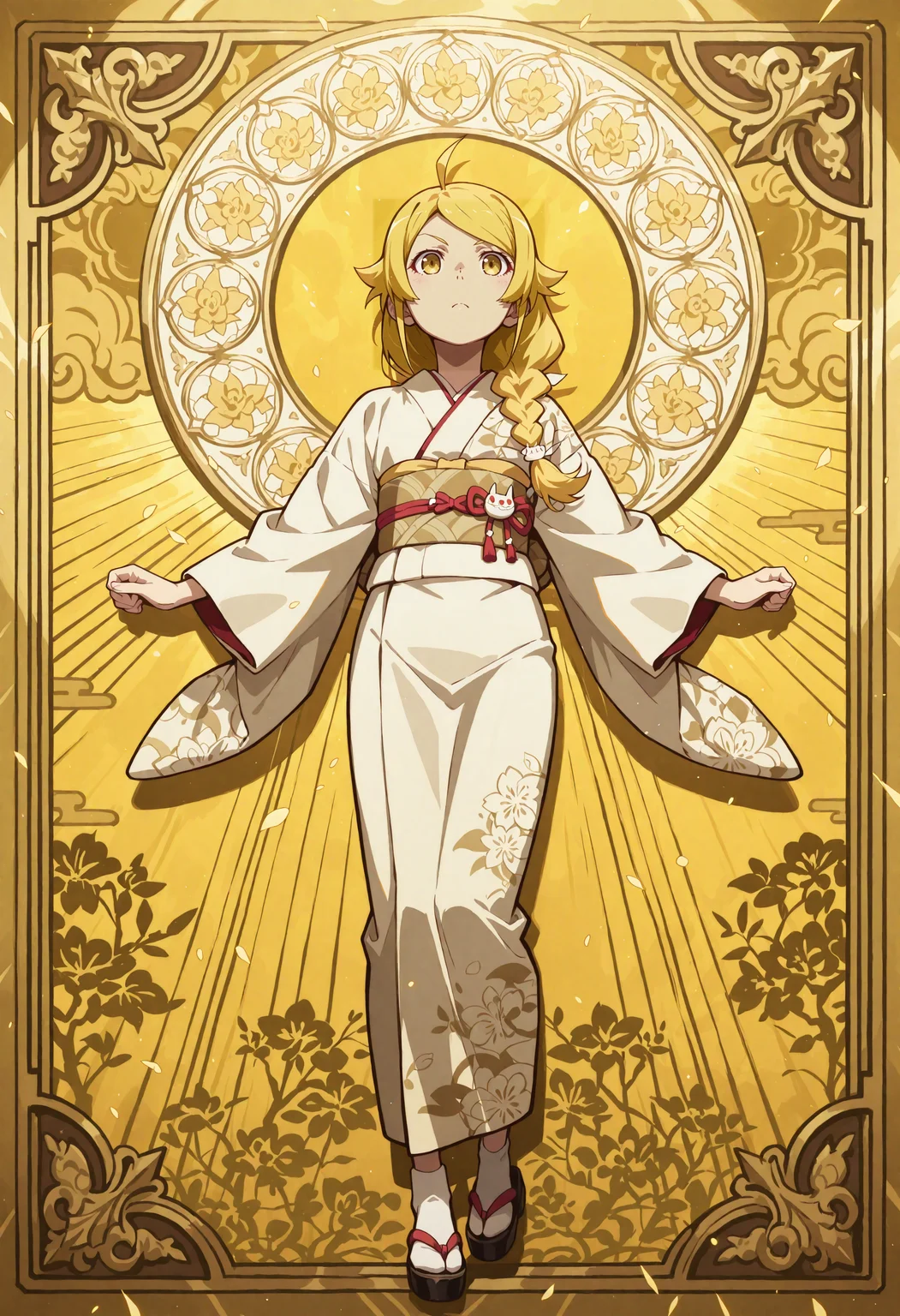 masterpiece, best quality, amazing quality, very aesthetic, absurdres, newest, ,ray tracing, s4bit4mago_illu,anime style, anime screencap, anime coloring, golden_ornate_background, golden theme, monogatari_style, bold lines, sharp,
1girl, blonde, kimono, white kimono, print kimono, braided hair, socks,
Golden theme, golden_ornate_background, abstract,
<lora:NOOB_vp1_detailer_by_volnovik_v1:3> <lora:Ornate_gold:0.6> <lora:S4bit4mago:0.6> <lora:monogatari_style_IllustriousXL:0.4> <lora:ponyv3_ill01_2_adamW:0.6> <lora:anime_screencap:0.4>
