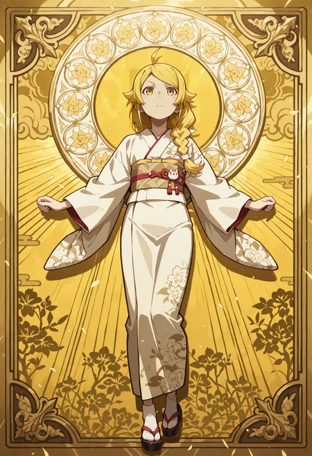 masterpiece, best quality, amazing quality, very aesthetic, absurdres, newest, ,ray tracing, s4bit4mago_illu,anime style, anime screencap, anime coloring, golden_ornate_background, golden theme, monogatari_style, bold lines, sharp, 
1girl, blonde, kimono, white kimono, print kimono, braided hair, socks, 
Golden theme, golden_ornate_background, abstract, 
 <lora:NOOB_vp1_detailer_by_volnovik_v1:3>  <lora:Ornate_gold:0.6> <lora:S4bit4mago:0.6> <lora:monogatari_style_IllustriousXL:0.4>  <lora:ponyv3_ill01_2_adamW:0.6> <lora:anime_screencap:0.4>