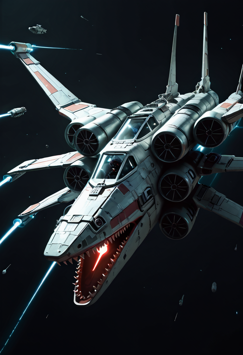 masterpiece, best quality, no humans,   ,<lora:SharkXShip_IXL:1.0>,  zzSharkXShip, the terrifying silhouette of the shark-shaped vessel cutting through the dark space, approaching a massive space station. The shipâs massive, fin-like structure slices through the space debris with deadly precision, and its gleaming teeth give off a faint metallic gleam. Pulsing energy emits from the rear engines as the ship zooms toward the station, ready for a high-stakes confrontation. The cold expanse of space surrounds it, the occasional flicker of distant stars illuminating its form.