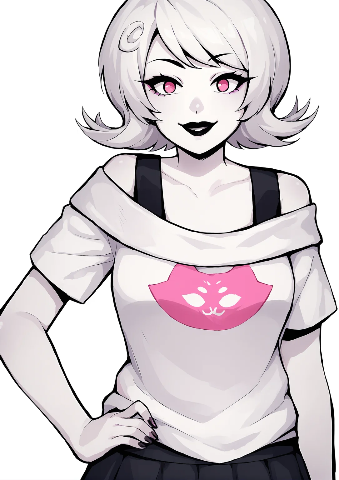 score_9, score_8_up, score_7_up, score_6_up, score_5_up, score_4_up, 2d, anime, anime artstyle, simple shadows, flat coloring, flat shadows, thick lines, white outline, <lora:Roxy_Lalonde_-_Homestuck__Variant_canon_outfits__SDXL_Pony:1> roxlal, roxstart, 1girl, solo, looking at viewer, smile, short hair, open mouth, bangs, skirt, simple background, shirt, white background, white shirt, white hair, pink eyes, off shoulder, hand on hip, colored skin, white skin, off-shoulder shirt, grey skin, black lips BREAK source_anime