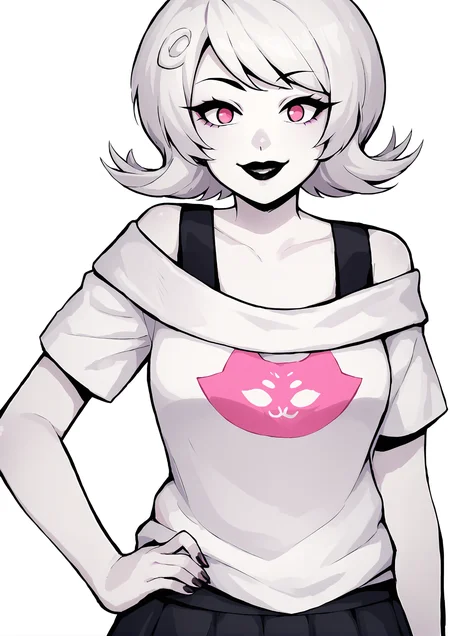 score_9, score_8_up, score_7_up, score_6_up, score_5_up, score_4_up, 2d, anime, anime artstyle, simple shadows, flat coloring, flat shadows, thick lines, white outline, <lora:Roxy_Lalonde_-_Homestuck__Variant_canon_outfits__SDXL_Pony:1> roxlal, roxstart, 1girl, solo, looking at viewer, smile, short hair, open mouth, bangs, skirt, simple background, shirt, white background, white shirt, white hair, pink eyes, off shoulder, hand on hip, colored skin, white skin, off-shoulder shirt, grey skin, black lips BREAK source_anime
