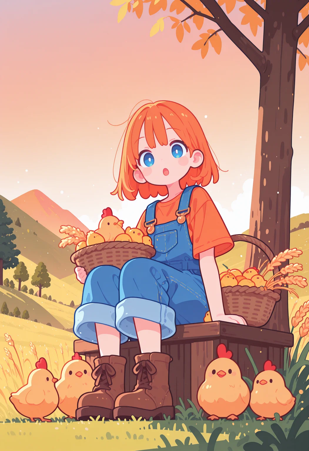 masterpiece, very awa, amazing quality, best quality, newest, highres, absurdres, 1girl, solo, orange hair, blue eyes, open mouth, :o, orange t-shirt, overalls, blue overalls, brown boots, looking at viewer, sitting, holding, holding basket, fruits, chicken, chick, grass, tree, hill, sunset, wheat, Flatline, Flat vector illustration, no lineart,no outline, haiz_ai <lora:NOOB_vp1_detailer_by_volnovik_v1:0.3> <lora:ponyv6_noobV1_2_adamW-000017:0.3> <lora:illustriousXL_stabilizer_v1.23:0.3> <lora:checkpoint-e18_s306:1.4> <lora:haiz_ai_illu:0.8>