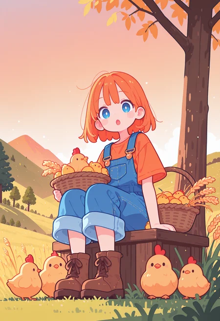 masterpiece, very awa, amazing quality, best quality, newest, highres, absurdres, 1girl, solo, orange hair, blue eyes, open mouth, :o, orange t-shirt, overalls, blue overalls, brown boots, looking at viewer, sitting, holding, holding basket, fruits, chicken, chick, grass, tree, hill, sunset, wheat, Flatline, Flat vector illustration, no lineart,no outline, haiz_ai <lora:NOOB_vp1_detailer_by_volnovik_v1:0.3> <lora:ponyv6_noobV1_2_adamW-000017:0.3> <lora:illustriousXL_stabilizer_v1.23:0.3> <lora:checkpoint-e18_s306:1.4> <lora:haiz_ai_illu:0.8>