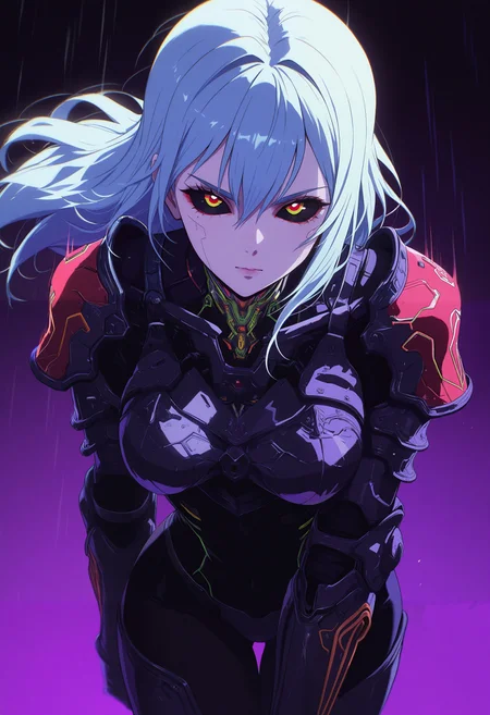 masterpiece, best quality, good quality, very aesthetic, absurdres, newest, 8K, depth of field, focused subject,
in the style of ckncore, 1girl, solo, black sclera, colored sclera, long hair, looking at viewer, hair between eyes, cyberpunk breastplate, futuristic shoulder armor, neon red pauldrons, film grain, chromatic aberration, gritty, dark, dim light, chiarusco, motion lines, dynamic pose,