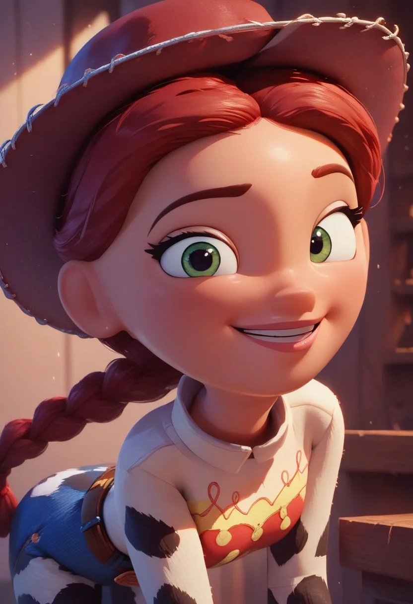 score_9, score_8_up, score_7_up, score_6_up, score_5_up, score_4_up, 1girl, jessie from Toy Story, closeup portrait, Andy s room, looking at viewer, big smile, soft cozy warm lighting, source_pixar, 3D animation, cowboy hat, red hair, braid, bow, belt, animal print, cow print, pants, boots, (((round face))), JessieXLP