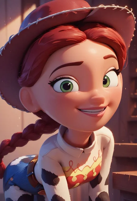 score_9, score_8_up, score_7_up, score_6_up, score_5_up, score_4_up, 1girl, jessie from Toy Story, closeup portrait, Andy s room, looking at viewer, big smile, soft cozy warm lighting, source_pixar, 3D animation, cowboy hat, red hair, braid, bow, belt, animal print, cow print, pants, boots, (((round face))), JessieXLP