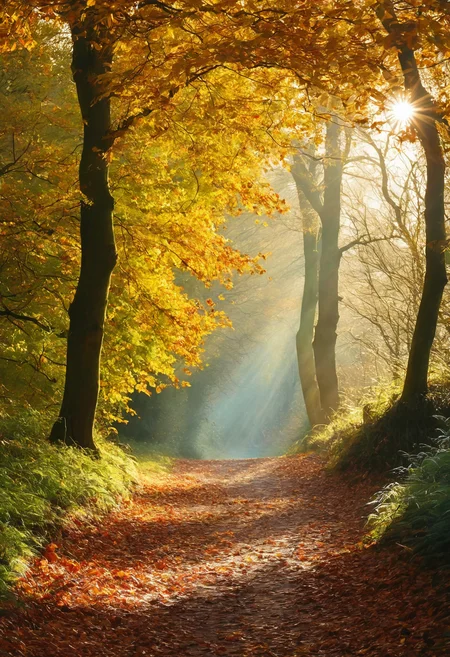 photograph, a path in the woods with leaves and the sun shining , by Julian Allen, dramatic autumn landscape, ears, park, take off, peace, rich cold moody colours, hi resolution, oaks