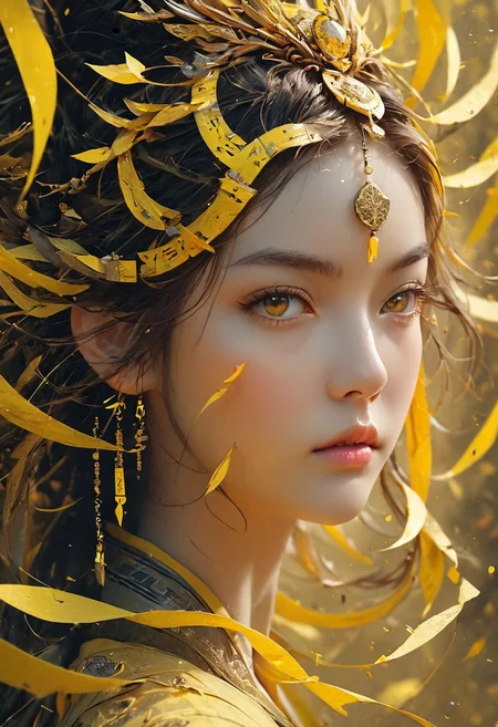 4D render, detaild face, portrait, beautyfull face, girl,blade, one long yellow talisman paper stuck on the forehead