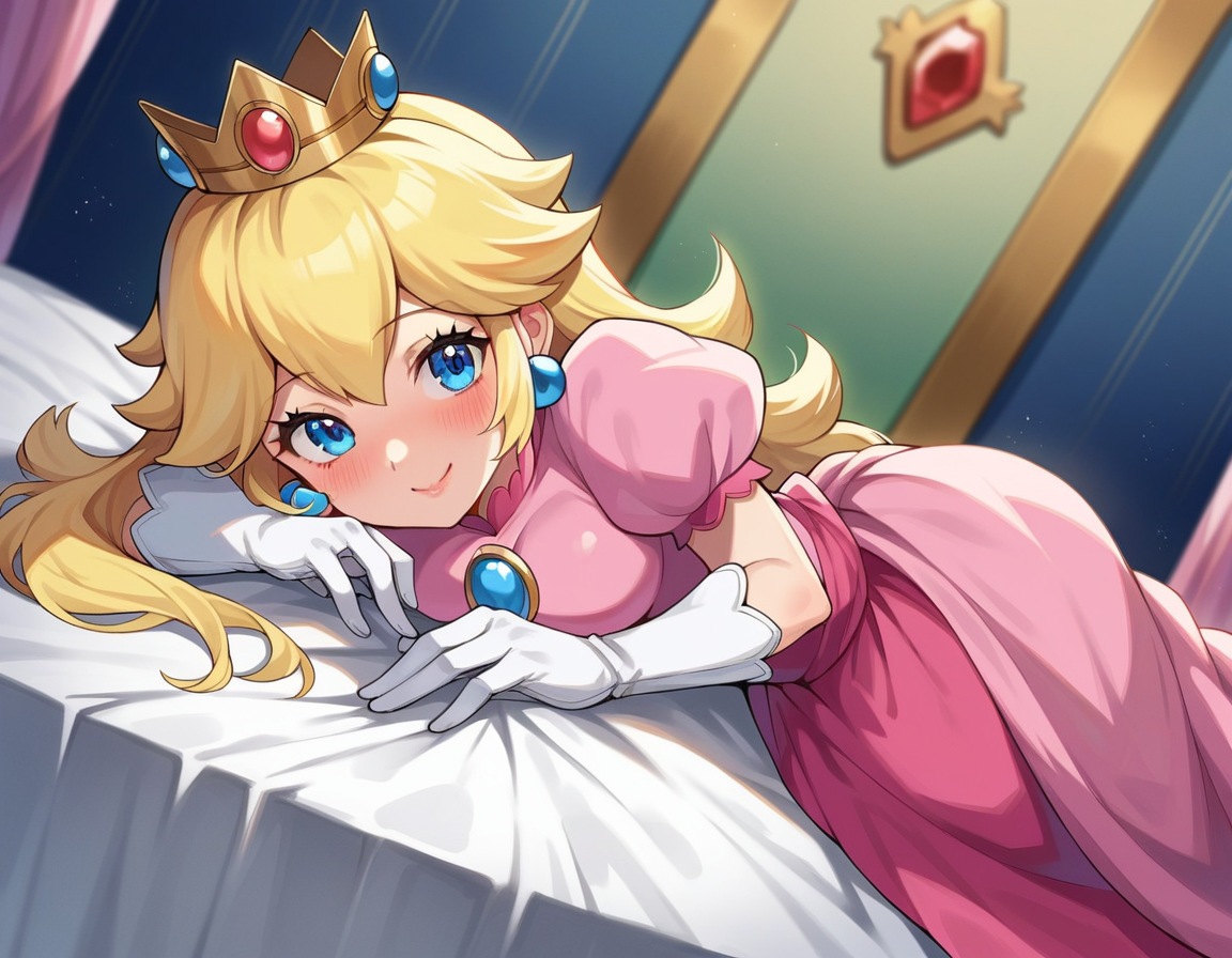 score_9, score_8_up, score_7_up, source_anime,
princesspeach, <lora:princess-peach-chibi-ponyxl-lora-nochekaiser:1>
princess peach, blonde hair, blue eyes, long hair, smile,
crown, dress, gem, gloves, pink dress, puffy short sleeves, puffy sleeves, short sleeves, white gloves,
indoors, bed, bed room, on side, blush, drunk,
looking at viewer, dutch angle, cowboy shot