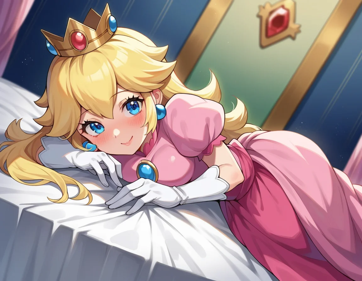 score_9, score_8_up, score_7_up, source_anime,
princesspeach, <lora:princess-peach-chibi-ponyxl-lora-nochekaiser:1>
princess peach, blonde hair, blue eyes, long hair, smile,
crown, dress, gem, gloves, pink dress, puffy short sleeves, puffy sleeves, short sleeves, white gloves,
indoors, bed, bed room, on side, blush, drunk,
looking at viewer, dutch angle, cowboy shot