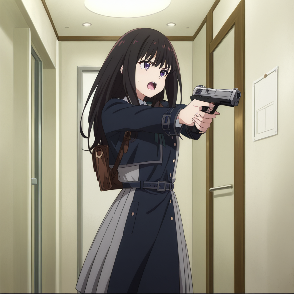 nsfw, masterpiece,best quality,amazing quality,1girl, solo, lycoris_recoil_takina_lnoue, gun, lycoris uniform, black hair, handgun, holding weapon, holding gun, dress, holding, long hair, grey dress, blue dress, bangs, two-tone dress, pleated dress, belt, indoors, open mouth, purple eyes, long sleeves, apartment, <lora:Takina_Inoue_-_Lycoris_Recoil:0.7>