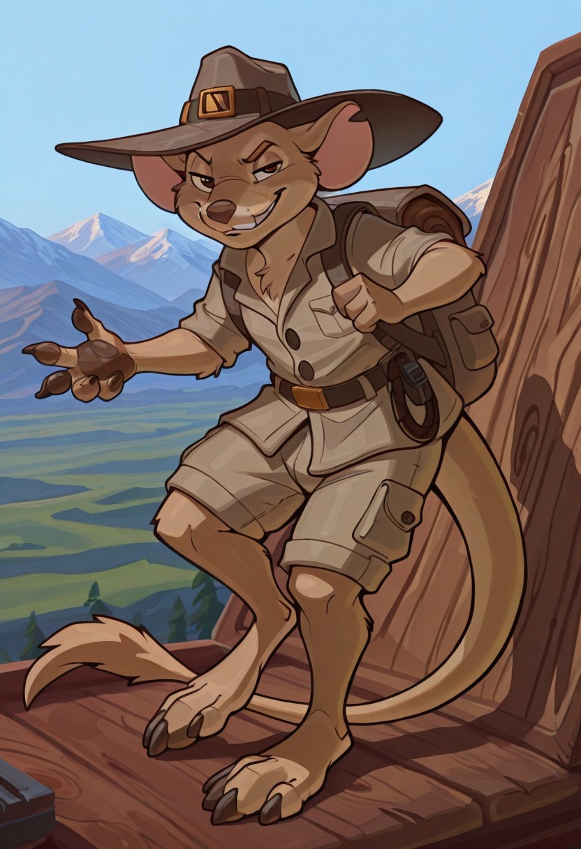 score_9, score_8_up, score_7_up, masterpiece, best quality, amazing quality, very aesthetic, high resolution, ultra-detailed, cinematic, hd, 4k, 1boy, solo, furry, claws, hands, feet, smirk, handsome, rdujakeil, male, kangaroo mouse, tan fur, khaki shirt, hat, outback hat, khaki shorts, backpack, mountainside, daylight