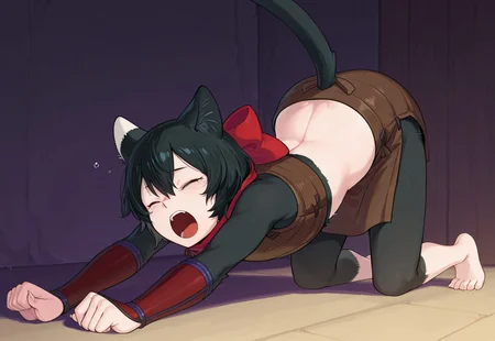 safe_pos, score_9, score_8_up, score_7_up, masterpiece, best quality, very aesthetic, Dunmeshi_Izutsumi, 1girl, solo, cat girl, cat ears, black hair, short hair, closed eyes, yawning, tears, multicolored fur, body fur, claws, flat chest, cat tail, red scarf, crop top, leather armor, midriff, vambraces, arm guards, loincloth, barefoot, catstretch, perspective