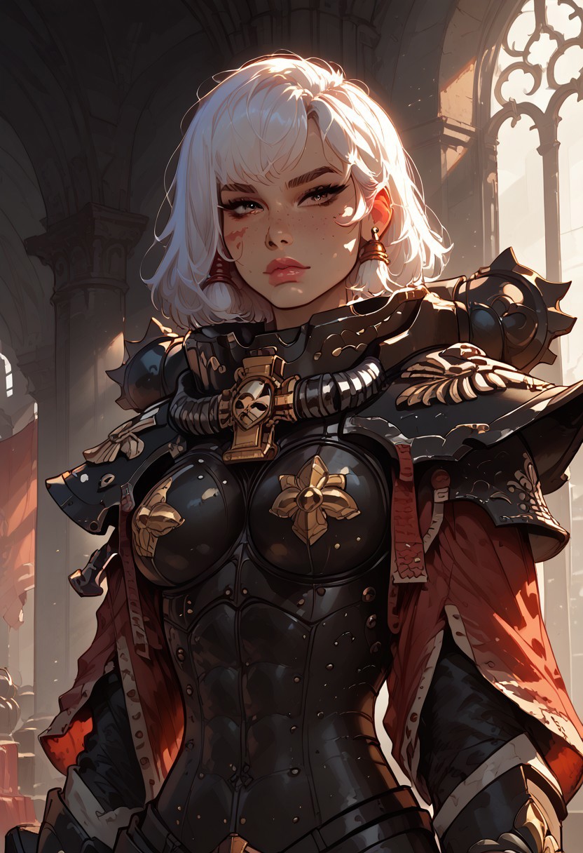score_9, score_8_up, score_7_up, score_6_up, 
rating_explicit, cartoonish, Kaye_BP, 1 girl, solo, tall, muscular, beautiful, white hair, hair tubes, freckles, hazel eyes, large breasts, confident, proud, adepta sororitas, wh40k, battle sisters, power armor, black armor, pauldron, aesthetic, s1_dram,
gothic cathedral interior, sunset, glass stain window behind her, backlit
perfect human hands, feminine hands
Sororitas, s0r0r1t@s, power armour, armor, shoulder armor, power armor,close up shot, looking awaw