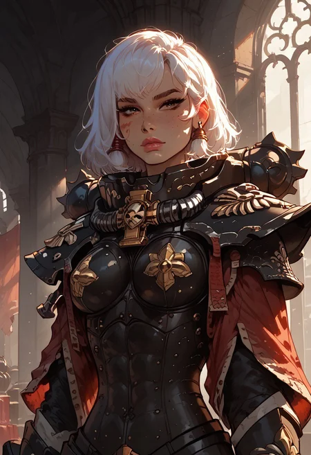 score_9, score_8_up, score_7_up, score_6_up,
rating_explicit, cartoonish, Kaye_BP, 1 girl, solo, tall, muscular, beautiful, white hair, hair tubes, freckles, hazel eyes, large breasts, confident, proud, adepta sororitas, wh40k, battle sisters, power armor, black armor, pauldron, aesthetic, s1_dram,
gothic cathedral interior, sunset, glass stain window behind her, backlit
perfect human hands, feminine hands
Sororitas, s0r0r1t@s, power armour, armor, shoulder armor, power armor,close up shot, looking awaw