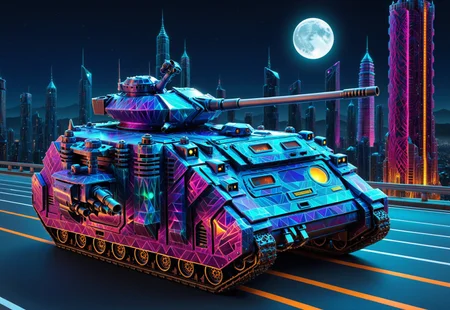 vibrant colors, shiny_skin, prefect lighting, detailed image, snoozing, masterpiece, best quality, highly detailed, ultra quality, 3DMM, Fractangles, made out of fractangles,
(Tanks, (predtank)),
On the road, outdoors, neon lights, glowing, city, skyscraper, building, sciencefiction, electricity, night, moon, moonlight,