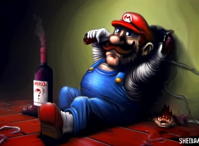 Mario is drunk and dirty, drinks a wine bottle by rob_sheridan_drawing_style <lora:rob_sheridan_drawing_style:1>