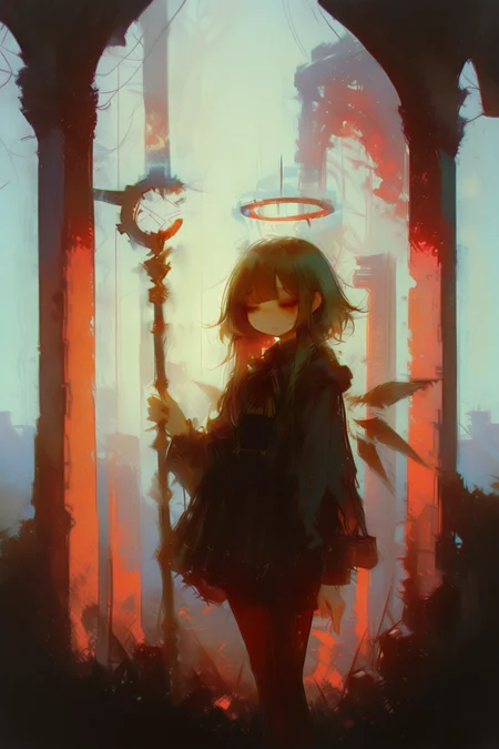 masterpiece, best quality, very aesthetic, dynamic composition, sketch, traditional media, abstract, abstract background, painting \(medium\), no lineart, virtuosa_(arknights),Meticulous,Standing, 1girl, megumin, brown_hair, holding_staff, ruins, solo, chromatic aberration, building, outdoors, standing, post-apocalypse, facing away, pantyhose, city,