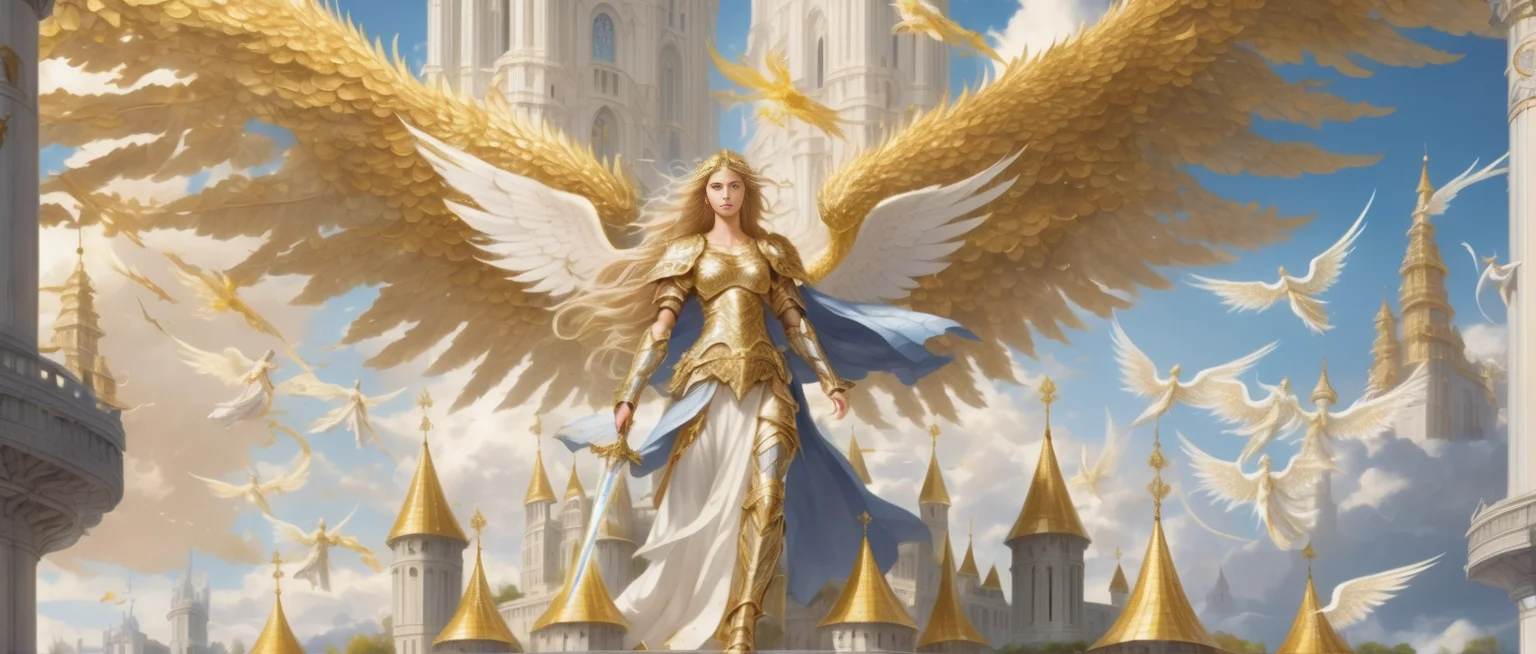 Angel with diamond sword in hand,havens gate,clouds,heava golde armor,silver gold wings,feminin crown,thunder,white little birds flying in background,golden tree,white dragon in the sky,army of angels in background, complex architecture, white eyes
