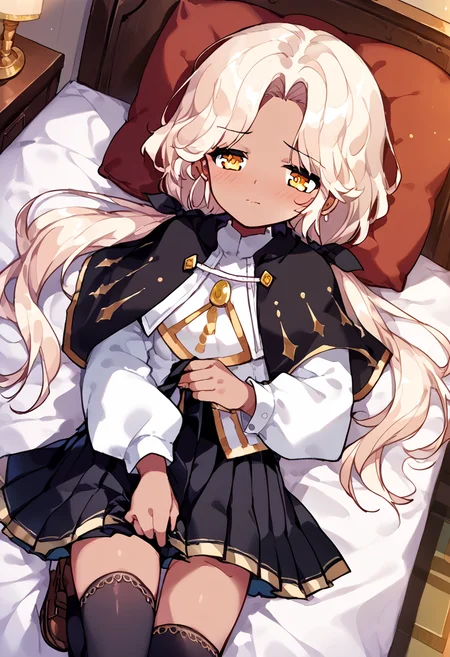 score_9,score_8_up,score_7_up,source_anime,zPDXL3,fantasy,bedroom,on bed,
*//*,<lora:ArchMageFP_Pony:1>,archmage_fp,1girl,solo,dark skin,dark-skinned female,blonde hair,twintails,low twintails,long hair,yellow eyes,black thighhighs,black skirt,pleated skirt,capelet,brown footwear,striped,
*//*,looking at viewer,cowboy shot,dutch angle,(game cg, moody lighting, cinematic lighting:1.2),night,novel illustration,bedroom,nervous,blush,half-closed eyes,lying,on back,(half undress, undressing:1.2),