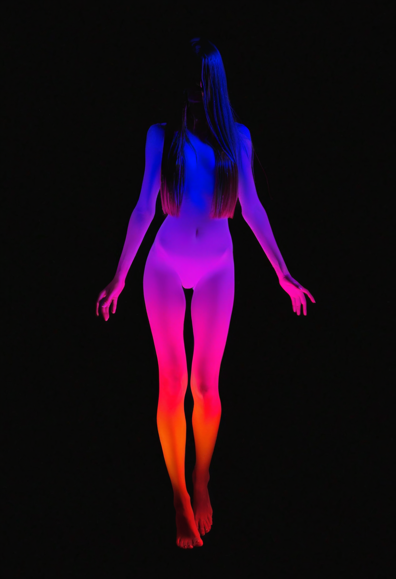 1girl, a full-body female silhouette made entirely of soft glowing gradient light, color fade moving from violet to red inside her shape, background pitch black, editorial surrealism, Canon 85mm depth, very long floating hair, perfect hands, barefoot, feet, toes,