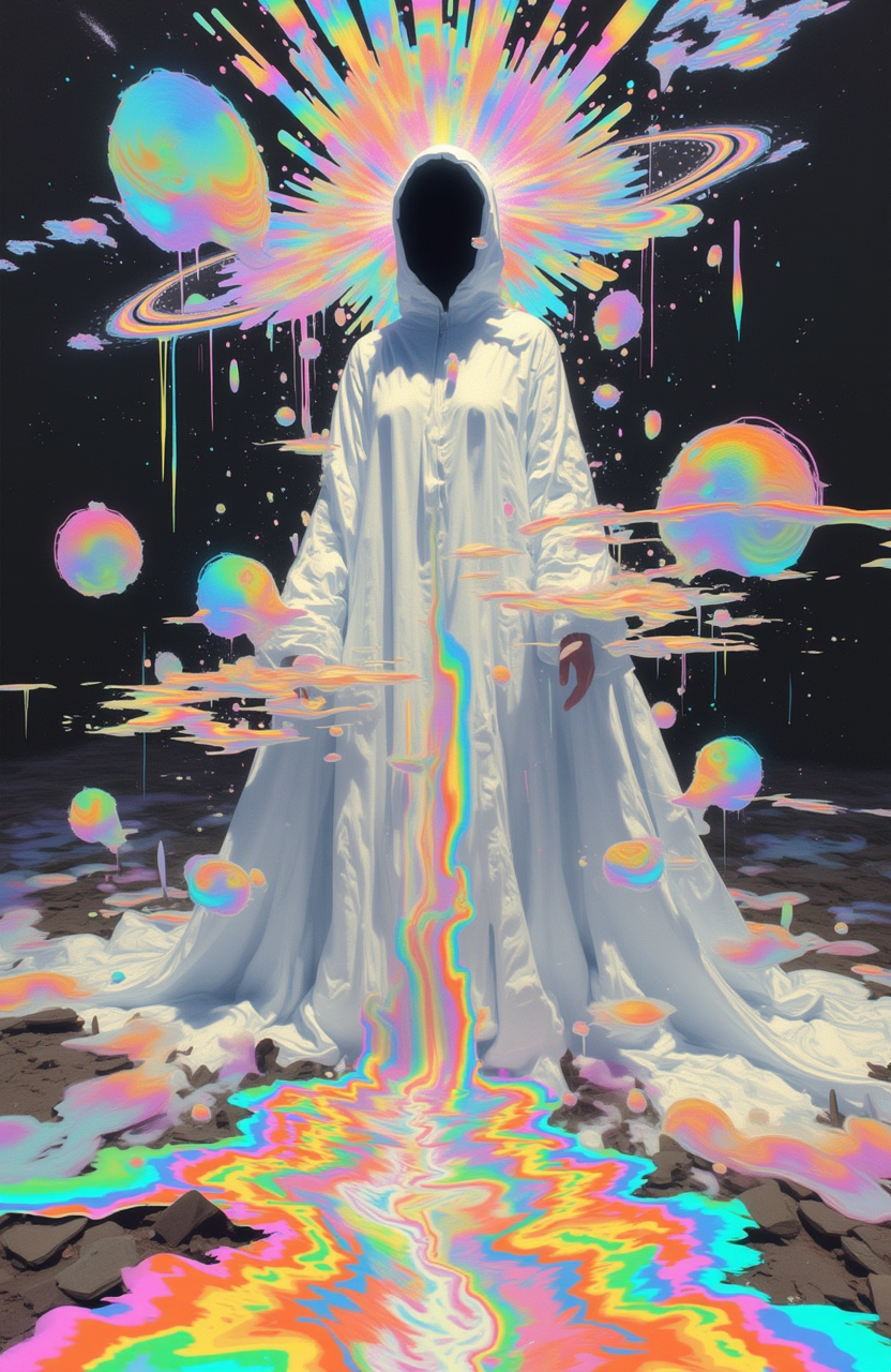 psycho_4rt, An artheon-style painting blending surreal and abstract elements. The artwork shows a woman adorned in a flowing white shroud, standing amidst a dreamlike, kaleidoscopic landscape of shifting colors and floating geometric shapes.

