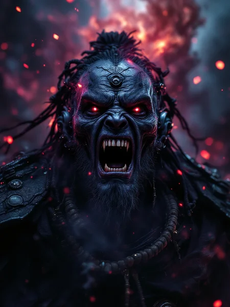 [ ARRI Alexa LF, Angenieux Optimo Anamorphics] The ancient Cyborg Samurai shaman's craggy visage contorts in revulsed black premonition under the sickly auroral miasma - heralding unspeakable alien deities. vntblk, background