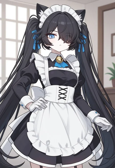 score_9, score_8_up, score_7_up, (Maid-kasli), solo, white gloves, dress, hair over one eye, maid apron, blue eyes, twintails, cat ears, maid headdress, maid, gloves, 1girl, apron, juliet sleeves, long sleeves, long hair, black hair, animal ears, bell, looking at viewer, closed mouth, indoors, (white skin, pale skin), (((on hand on hip)))
