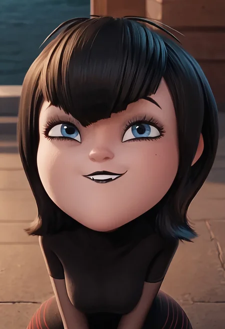 score_9, score_8_up, score_7_up, ultra quality, solo, 1girl, black hair, short hair, blue eyes, fangs, black lips, black nails, black dress, grey elbow gloves, striped pantyhose, red sneakers, smug smile, face focus, breasts, big hips, huge butt, bubble butt, curvy, narrow waist, standing, looking to the viewer, view from above, close up, screencap