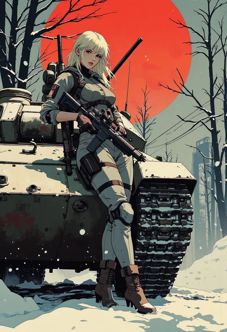 Image is a close up digital fantasy artwork featuring female soldier character leaning against a tank. She has pale skin with blonde hair. She's wearing a tactical bodyuit with a sniper rifle in her hands and katana on her back. The background is of a snow, winter, red moon, barren forest, winter city.