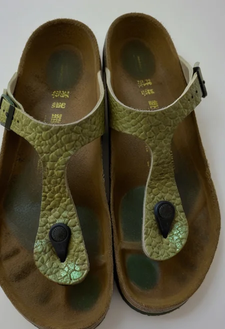 still_life, no_humans, simple_background, white_background, gizeh, gizehunworn, close-up, footwear_focus, patterned, orange-green-red, worn_shoes, worn_insoles, smelly_shoes