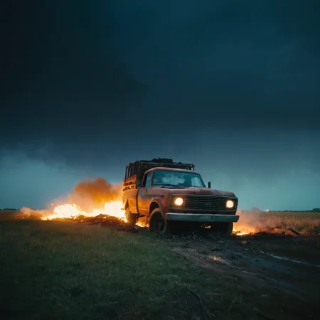 cinematic film still of <lora:casting shadow style v2:0.9>
<lora:Unreal Engine style:0.3>
a burnt out truck in a field with a full moon in the background,outdoors,cloud,no humans,moon,grass,fire,ground vehicle,motor vehicle,smoke,car,explosion,vehicle focus,burning,truck , impact, crash, explosion, destruction, strike, wreck, smash, exploding cars, wrecked cars, cinematic shot, film, different color, real, collision, road rage, sport cars, sports car, car race, dismembering, falling, flying, accident, disaster, cinematic explosion, chaos, disintegration, high speed, vehicle, different sports car, flying debris, Muzzle blast, broken glass, sports car style, shallow depth of field, vignette, highly detailed, high budget, bokeh, cinemascope, moody, epic, gorgeous, film grain, grainy