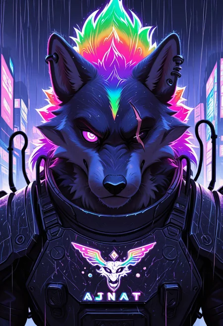ajnblyst, anthro wolf, neon rainbow mane flowing wildly, solo, futuristic battle armor with glowing tribal engravings, scar over one eye, intense piercing gaze, rain-soaked fur reflecting neon city lights, cinematic close-up shot, strong chiaroscuro lighting, deep shadows, soft glow from rain droplets, cybernetic scars, dramatic sci-fi mood