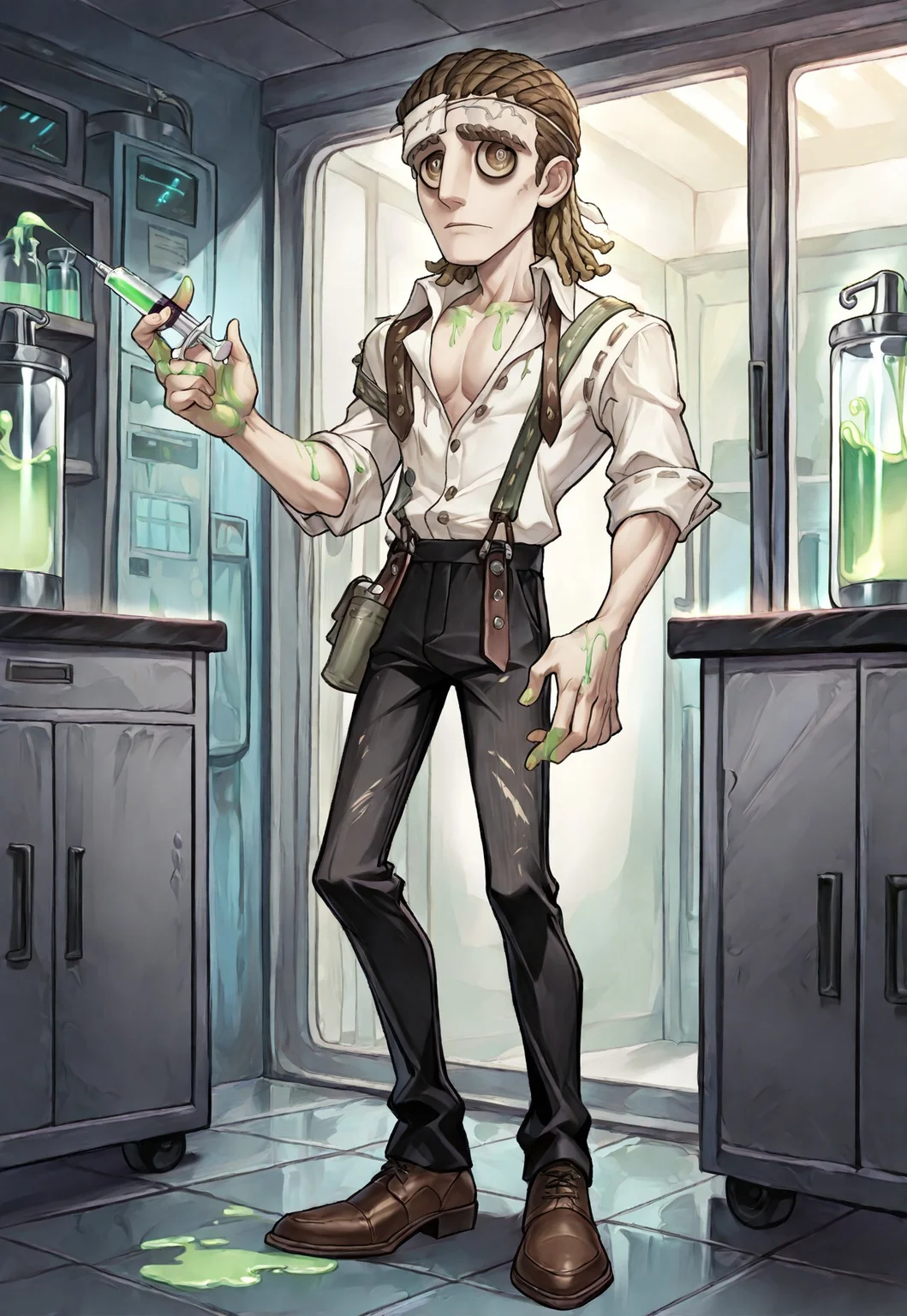 safe_pos, safe_pos, score_9, score_8_up, score_7_up, score_6_up, masterpiece, best quality, detailed eyes, detailed face, face_focus, (solo, 1man, full body, Luchino Diruse, standing, holding syringe filled with green liquid), (laboratory, dimly lit, head bandage, brown hair, brown eyes, White button shirt, unbuttoned shirt, suspenders, black pants), muscular male, (skinny muscle), realistic,(wide open eyes),