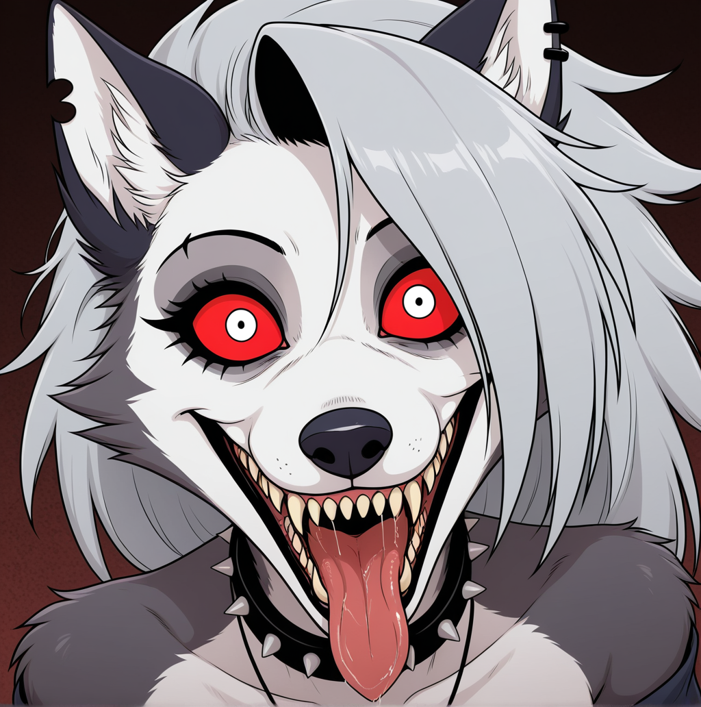 score_9, score_8_up, score_7_up, masterpiece, best quality, amazing quality, very aesthetic, high resolution, ultra-detailed, absurdres, newest, <lora:Yandere_stare_Wolf_indigoNAI:1> SP00PY_Y4ND3R3_W00F, horror \(theme\), flat colors,  solo, female, anthro, black and white, monochrome, manga, male pov,  looking at viewer, stare, wide eyed, grin, insane, insane eyes, tongue out, furry anthro, messy hair, drooling, eyeliner, eyelashes,  open clothing, saliva, front view,  <lora:loona:0.4>  loona, loona \(helluva boss\), anthro, no humans, long hair, side cut hair, grey hair, wolf ears, ear piercing, jewelry, furry, furry female, wolf girl, body fur, two-tone fur, white fur, grey fur, animal nose, wolf tail,  colored sclera, red sclera, white eyes,