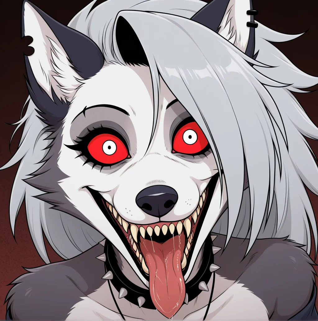 score_9, score_8_up, score_7_up, masterpiece, best quality, amazing quality, very aesthetic, high resolution, ultra-detailed, absurdres, newest, <lora:Yandere_stare_Wolf_indigoNAI:1> SP00PY_Y4ND3R3_W00F, horror \(theme\), flat colors,  solo, female, anthro, black and white, monochrome, manga, male pov,  looking at viewer, stare, wide eyed, grin, insane, insane eyes, tongue out, furry anthro, messy hair, drooling, eyeliner, eyelashes,  open clothing, saliva, front view,  <lora:loona:0.4>  loona, loona \(helluva boss\), anthro, no humans, long hair, side cut hair, grey hair, wolf ears, ear piercing, jewelry, furry, furry female, wolf girl, body fur, two-tone fur, white fur, grey fur, animal nose, wolf tail,  colored sclera, red sclera, white eyes,