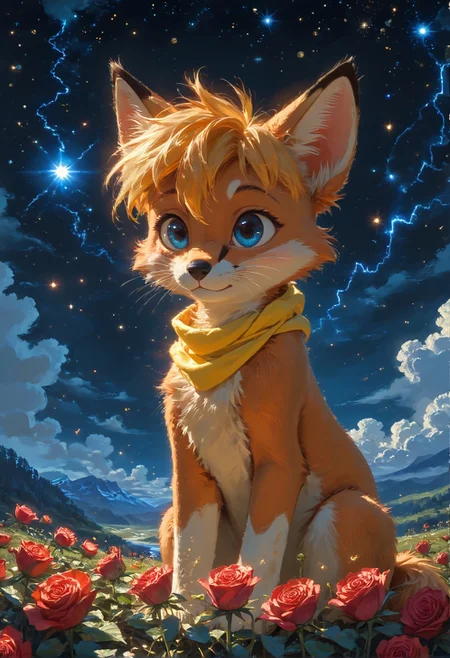 detailed background,Cinematic Lighting,film grain,score_9,score_8_up,score_7_up,zPDXL2,masterpiece,best quality,highly detailed,glowing,hand person,Expressiveh, <lora:(增强)sdxl_lightning_8step_lora:1>,<lora:glowneon_xl_v1:1>, <lora:(增强)Hands XL 4:1>,<lora:(增强)Expressive_H-000001:0.8>, <lora:Vixon\Vixon's Pony Styles Astro:0.8> , little prince, a rose, a fox, little planet, night sky, universe, yellow scarf, yellow hair, 4str0,star \(sky\), earth \(planet\), planet,Le Petit Prince,1child