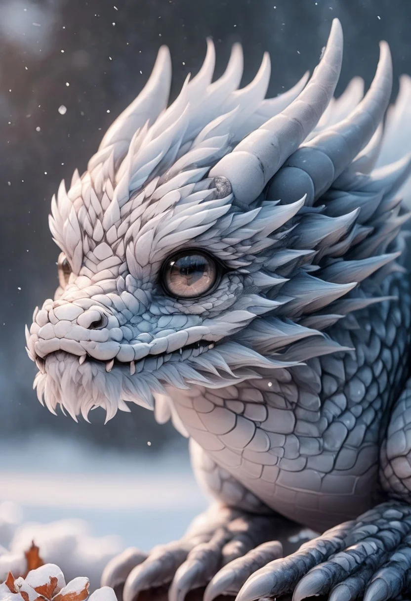 very tiny ice dragon, body made of ice, curled up sleeping, cute and adorable, big eyes, hyperrealistic, fantasy, snow, snowing, depth of field, heavy contrast, emb-drgn, dragon, haohaovietnam,