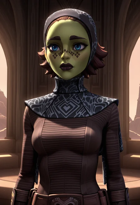 <lora:Barriss_Offee:1> barriss_offee, 1girl, female focus, mirialan, green_skin, face_tattoo, diamond_face_tattoo, original_appearance, jedi_robes, brown_hair, black hairband, clone_wars_style, star_wars_background