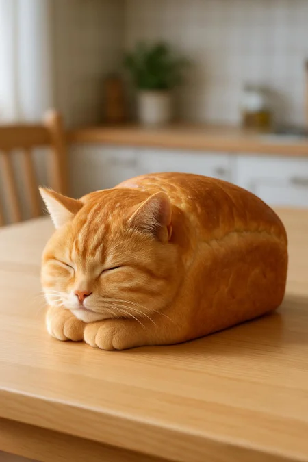 Generate me a sleeping cat bread loaf on the kitchen table.  cute, fluffy, realistic, 8k, uhd, high quality, depth of field,