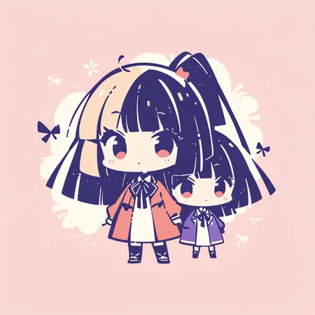 masterpiece, best quality, very aesthetic, absurdres,
2girls, long hair, chibi,
<lora:stampsticker:1> (simple retro design, logo, manga style, 2tone),